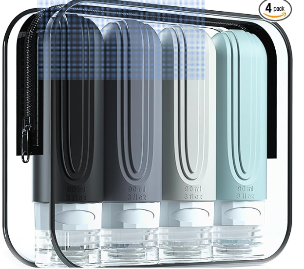 Travel Bottles for Toiletries, Tsa Approved 3oz Travel Size Containers BPA Free Leak Proof Refillable Liquid Silicone Squeezable Travel Accessories for Shampoo Conditioner Lotion (4 Pack)